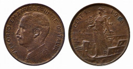 Vittorio Emanuele III (1900-1943). 1 centesimo 1918 "Italia su Prora". Gig.322 NC. FDC