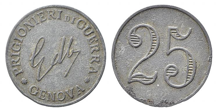 GENOVA. WWI - Gettone prigionieri di guerra. 25 centesimi. Zn (1,45 g). BB+