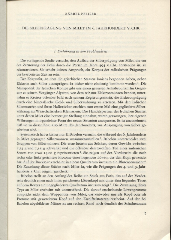 PFEILER BARBEL. – Die silberpragung von Milet im 6. Jahrhundert v. chr. S.l s.d....