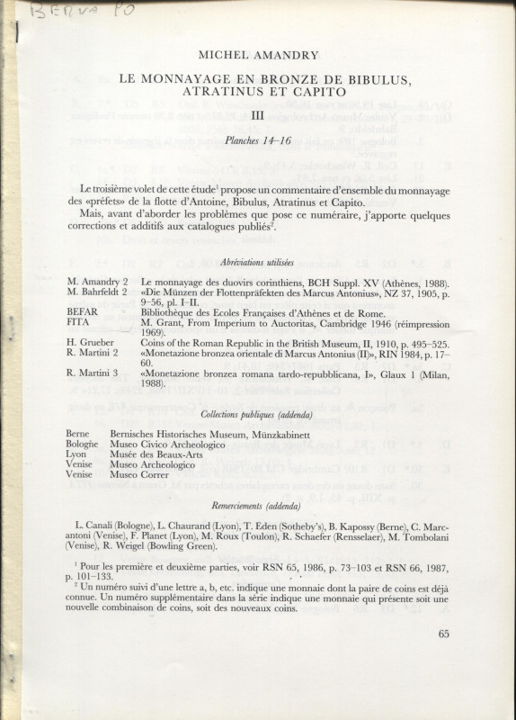 AMANDRY M. - Le monnayage en bronze de Bibulus, Atrantinus et Capito III. Bern, ...