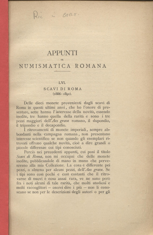 GNECCHI F. - Appunti di numismatica romana LVI ( scavi di Roma 1886-1891). Milan...