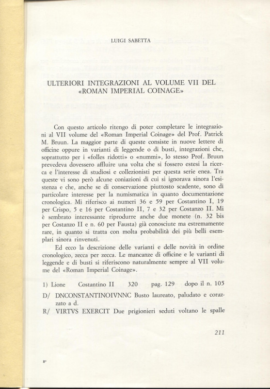 SABETTA L. – Ulteriori integrazioni al volume VII del . S.l,s.d. Pp. 211-237, ta...