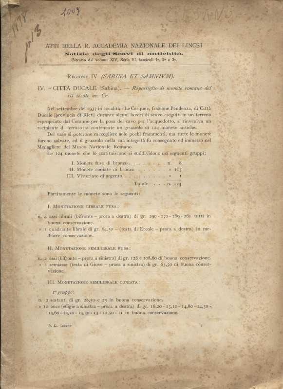 CESANO L. – Ripostiglio di monete romane del III secolo av. Cr. Roma, 1938. Pp. ...