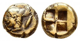 Mysia, Kyzikos EL 1/12 stater. Circa 550-500 BC. Head of Perseus left, wearing winged cap; tunny fish behind / Quadripartite incuse square.

Referen...