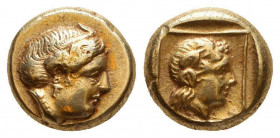 LESBOS. Mytilene. EL Hekte (Circa 454-427 BC).
Obv: Laureate head of Apollo right.
Rev: Two confronted ram's heads, palmette between; all within inc...
