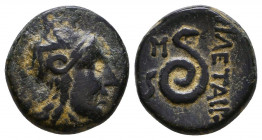 MYSIA. Pergamon. Attalos II Philadelphos (160-139 BC). Ae .
Head of Athena in Attic helmet right.
Rev: ΦIΛETAIΡOΥ./ Serpent coiled right; monogram i...