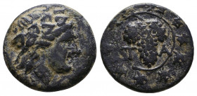AEOLIS. Temnos. 3rd century BC. AE. Head of Dionysos to right, wearing wreath of ivy and fruit. Rev. TA Grape bunch on vine with tendrils. Babelon, Wa...