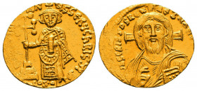 Justinian II AV Solidus. First reign. Constantinople, AD 692-695. IҺS CRISτOS RЄX RЄςNANτIЧM, facing bust of Christ Pantokrator / D IЧSτINI-AN-ЧS SЄRЧ...