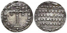 Constantine VII and Romanus II AR Miliaresion. IHSUS XRI-STUS NIKA, cross-crosslet (a cross with crosses on each of the top three arms) on three steps...