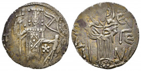 Empire of Trebizond, John II AR Asper, 1280 - 1297 AD. St Eugenius standing facing, holding long cross / John standing, facing, holding labarum and ak...
