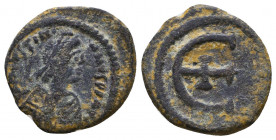 Justinian I. AD 527-565. Ae 
Reference:
Condition: Very Fine

Weight:1.9 gr
Diameter: 17 mm