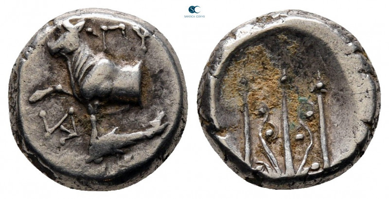 Thrace. Byzantion circa 387-340 BC. 
Hemidrachm AR

11 mm, 1,89 g

YΠY (YΠ ...