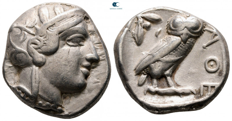 Attica. Athens circa 454-404 BC. 
Tetradrachm AR

25 mm, 17,00 g

Head of A...