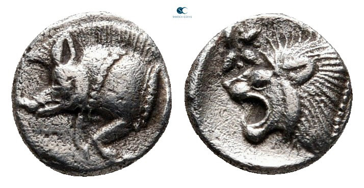 Mysia. Kyzikos circa 450-400 BC. 
Hemiobol AR

7 mm, 0,41 g

Forepart of a ...