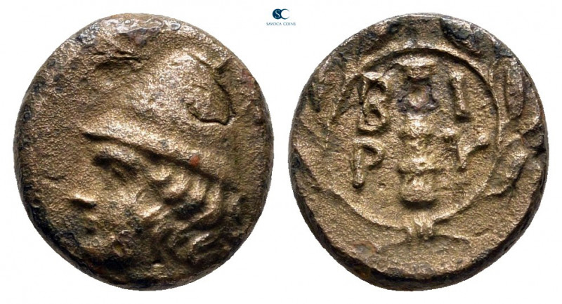 Troas. Birytis circa 350-300 BC. 
Bronze Æ

11 mm, 1,33 g

Head of Kabeiros...