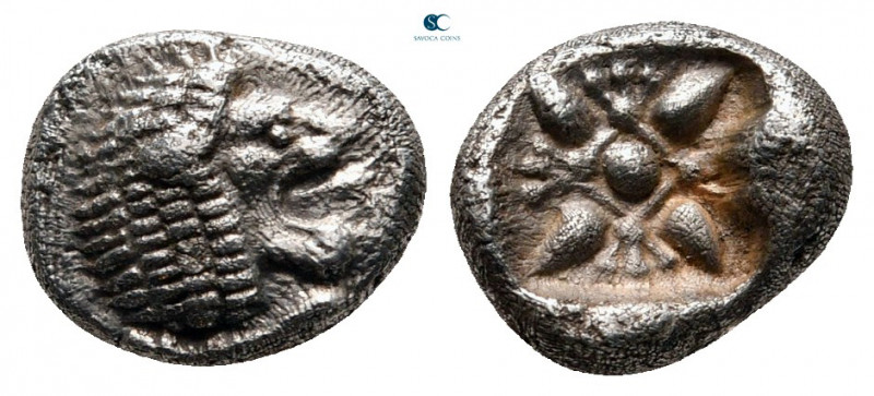 Ionia. Miletos circa 525-475 BC. 
Diobol AR

8 mm, 1,04 g

Forepart of lion...