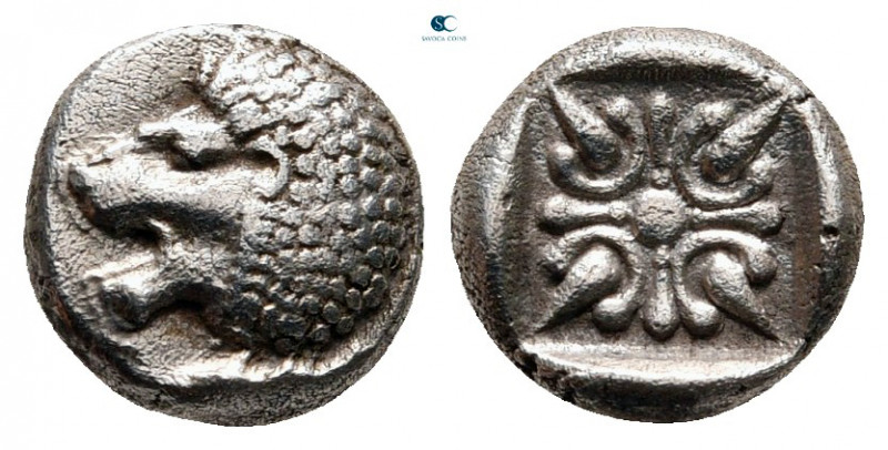 Ionia. Miletos circa 525-475 BC. 
Diobol AR

9 mm, 1,03 g

Forepart of lion...