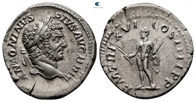 Caracalla AD 198-217. Rome
Denarius AR

19 mm, 2,70 g

ANTONINVS PIVS AVG G...