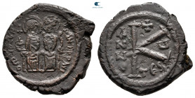 Maurice Tiberius with Constantina and Theodosius AD 590-593. Thessalonica. Half Follis or 20 Nummi Æ