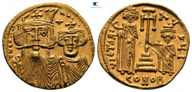 Constans II, with Constantine IV, Heraclius, and Tiberius AD 641-668. Constantinople. 2nd officina. Solidus AV