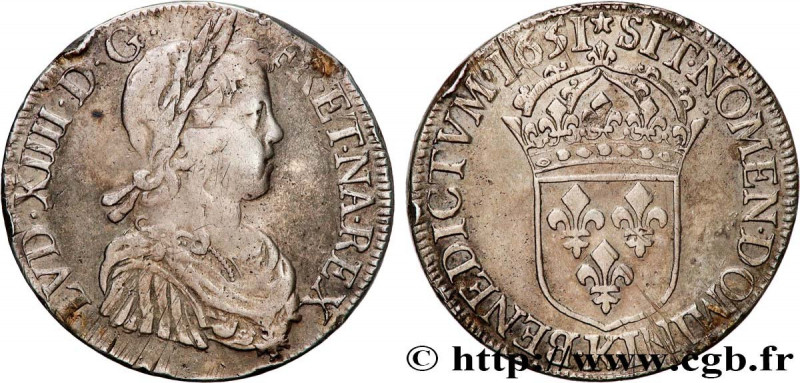 LOUIS XIV "THE SUN KING"
Type : Écu à la mèche longue 
Date : 1651 
Mint name / ...