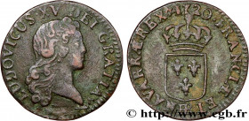 LOUIS XV THE BELOVED
Type : Liard au buste enfantin 
Date : 1720 
Mint name / Town : Strasbourg 
Metal : copper 
Diameter : 21  mm
Orientation dies : ...