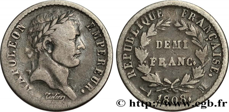 PREMIER EMPIRE / FIRST FRENCH EMPIRE
Type : Demi-franc Napoléon Ier tête laurée,...