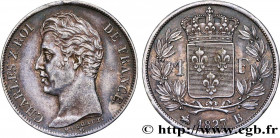 CHARLES X
Type : 1 franc Charles X, matrice du revers à cinq feuilles 
Date : 1827 
Mint name / Town : Rouen 
Quantity minted : 96157 
Metal : silver ...