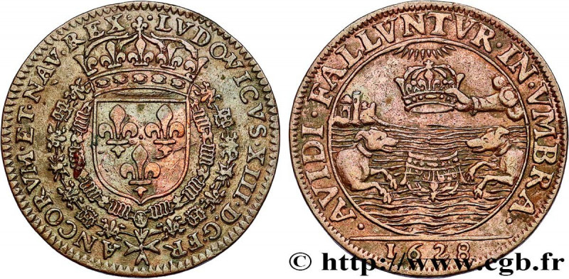 LOUIS XIII THE JUST
Date : 1627 
Metal : red copper 
Diameter : 26  mm
Orientati...