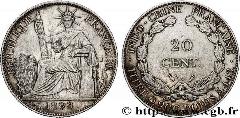 FRENCH INDOCHINA
Type : 20 Centièmes 
Date : 1893  
Mint name / Town : Paris 
Qu...