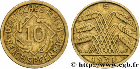GERMANY - WEIMAR REPUBLIC
Type : 10 Reichspfennig 
Date : 1931 
Mint name / Town : Karlsruhe 
Quantity minted : 37500 
Metal : bronze-aluminium 
Diame...