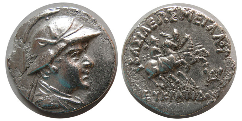 BAKTRIAN KINGS, Eukratides I. 171-145 BC. AR drachm (3.66 gm; 19 mm). Diademed a...