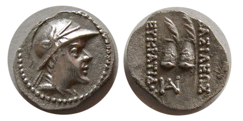 BACTRIAN KINGDOM. Eukratides I. 171-145 BC. AR Obol (0.66 gm; 11 mm). Diademed a...