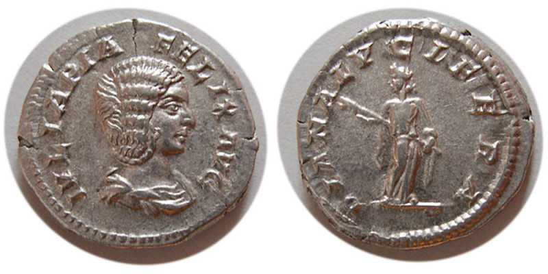 ROMAN EMPIRE. Julia Domna, 193-217 AD. AR Denarius (3.40 gm; 18 mm). Rome. Drape...