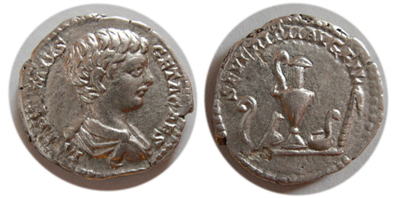 ROMAN EMPIRE. Geta, as Caesar. 198-209 AD. AR Denarius (3.56 gm; 18 mm). Struck ...