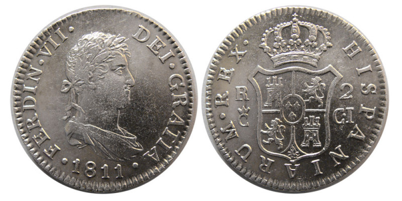 SPAINISH COLONIAL, Ferdinand VII. 1811-C.I. Silver 2 Reales (5.88 gm; 27 mm). Ch...