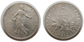 FRANCE, Republic. 1914. Silver 2 Francs