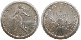 FRANCE, Republic. 1916. Silver 1 Franc