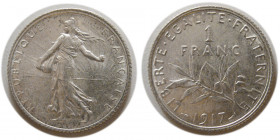 FRANCE, Republic. 1917. Silver 1 Franc