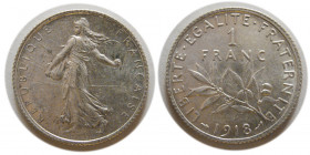 FRANCE, Republic. 1918. Silver 1 Franc