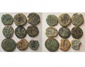 Group lot of 9 Sasanian Bronze Coins. Different rulers and mints.