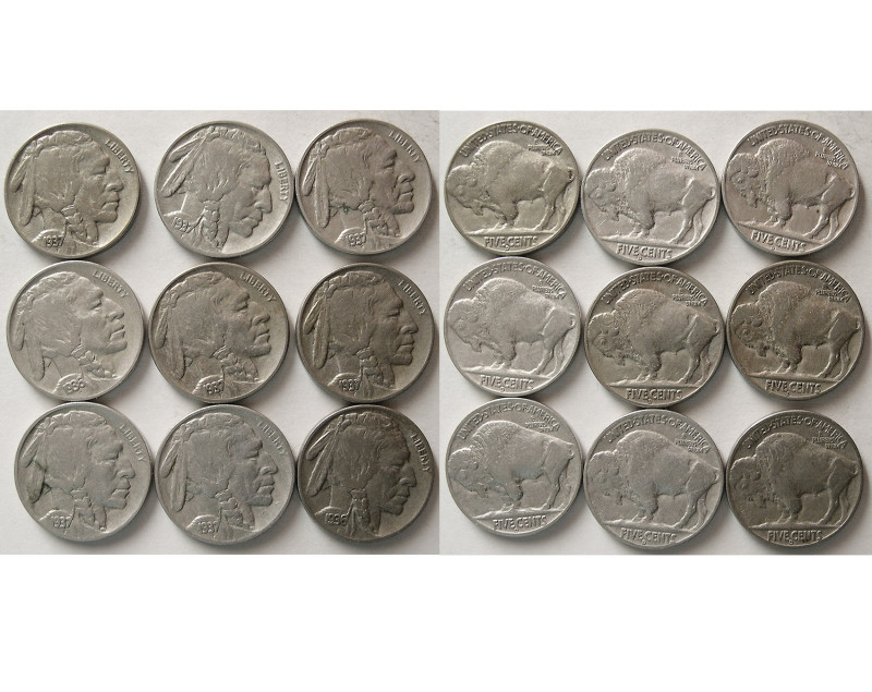 Group Lot of 9 US Buffalo Nickels. Differnt dates. Average grade EF.