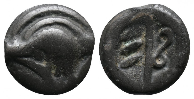 CELTIC, Northeast Gaul, Bellovaci. Ca. 50-20 B.C. Æ . Stylized head left / Horiz...