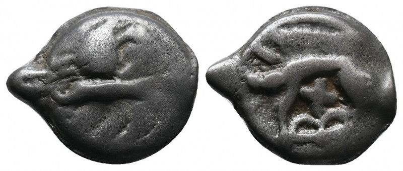 CELTIC, Northeast Gaul, Leuci Potin AE Circa 100-50 BC. Crude head left / Boar s...