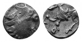 CELTIC, Eastern Europe. AR Obol. Kapostaler Type. Circa 2nd - 1st century BC. Celticised, bearded head to right / Stylised horse prancing to left. Lan...