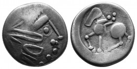 CELTIC, Eastern Europe. Imitations of Philip II of Macedon (2nd century BC). Tetradrachm. "Sattelkopfpferd" type. Stylized head of Zeus right. Rev: St...