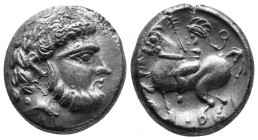 CELTIC, Eastern Europe. Dacian Plain. Third century BC. AR tetradrachm. Baumreiter type. Av.: Laureate and bearded head of Zeus right / Horseman ridin...