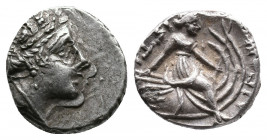 Histiaia , Euboia. c. 168-146 BC AR Tetrobol 1,94gr, c. 168-146 BC. Head of nymph Histiaia / Histiaia seated on galley decorated with wing holding mas...