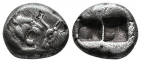 KINGS OF LYDIA. Kroisos (560-546 BC). 1/2 Stater. Sardes. Obv: Confronted foreparts of lion left and bull right. Rev: Two square punches. SNG Kayhan 1...