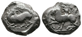 CILICIA. Kelenderis. Circa 430-420 BC. Stater (Silver, 22 mm, 10.81 g, 11 h). Youthful nude rider holding the reins with his right hand and a goad in ...